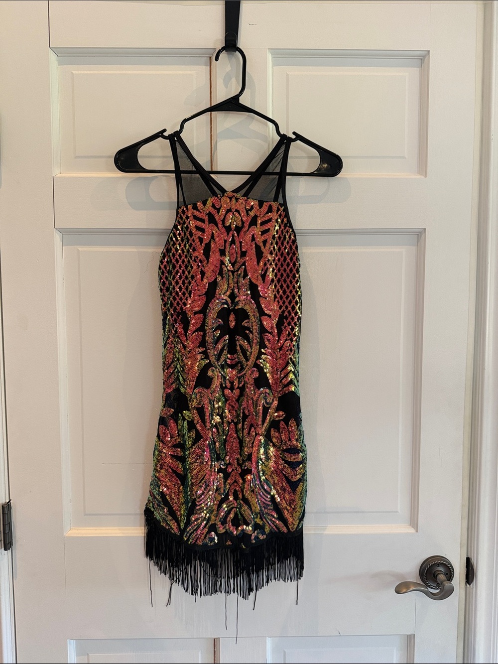 Sequin Fringe Party Dress - Black with Iridescent Pink-Green Embroidery